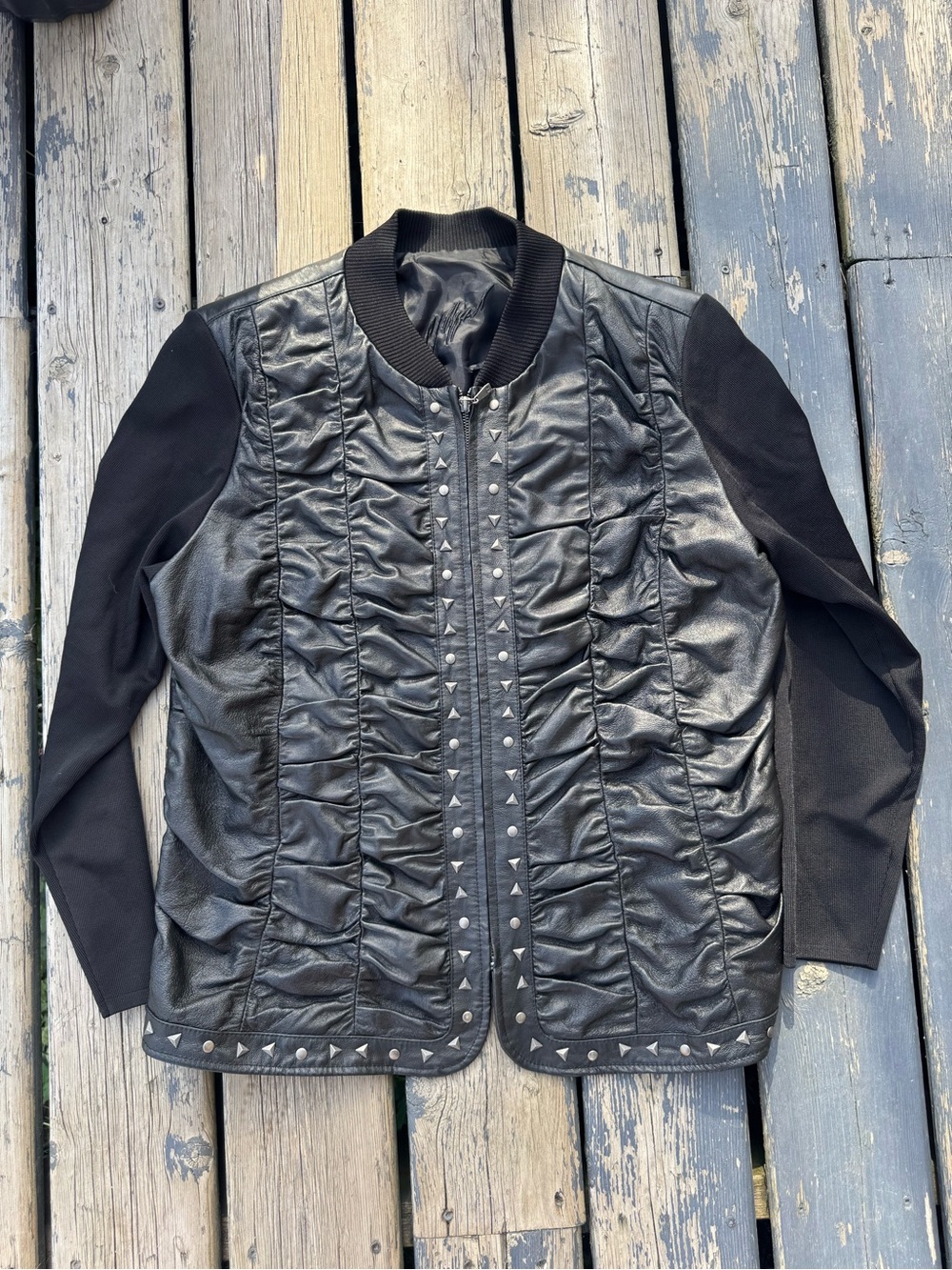 Peter Nygard Black Studded Quilted Jacket with Knit Sleeves